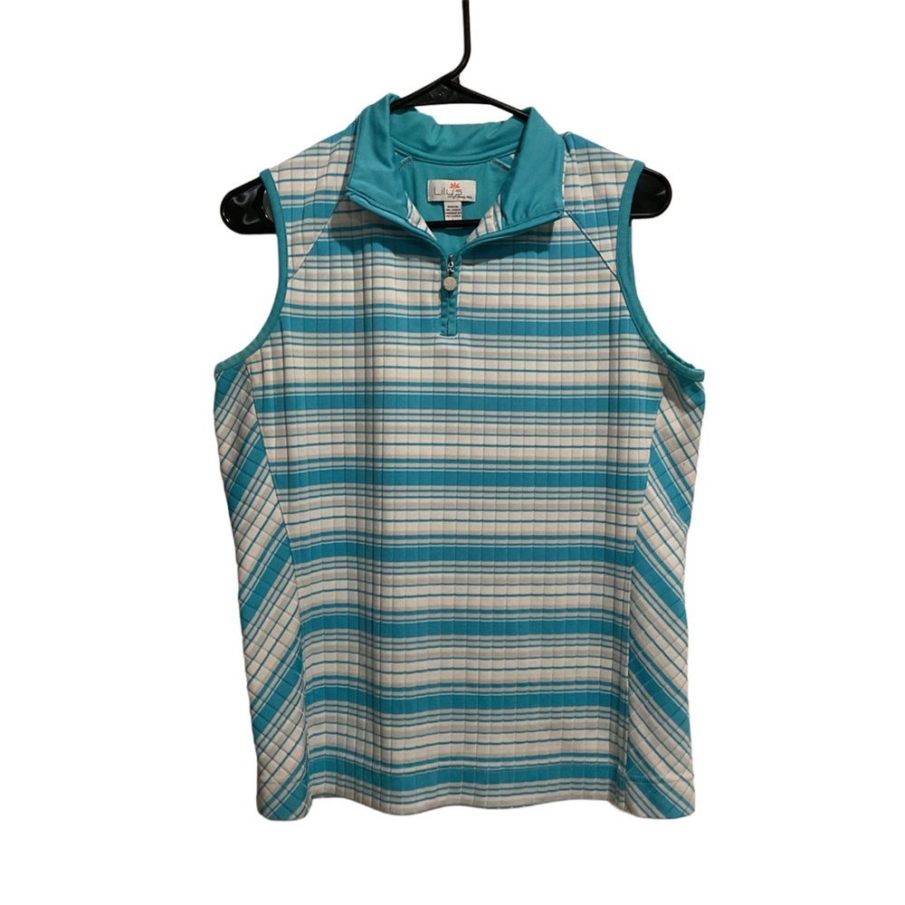 Lily’s Of Beverly Hills Women’s Polo Shirt Sleeveless Blue/White Stripes